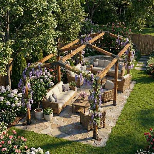 Sitting Area with Extended Hut Pergola