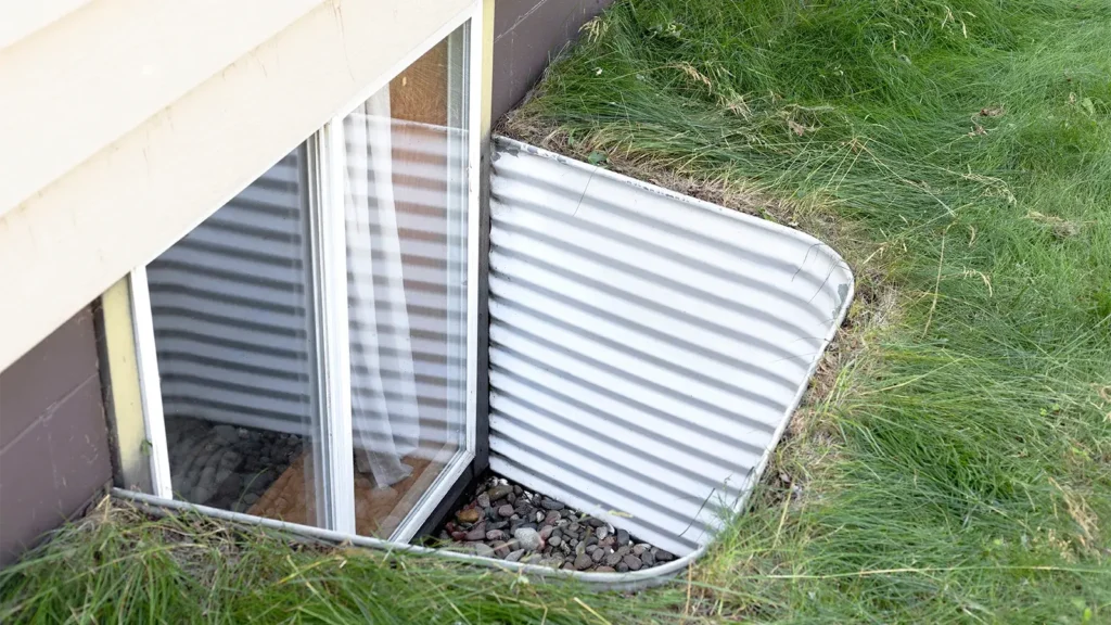 a basement window well that shows the importance of having window well covers so you don't fall in when walking across the lawn